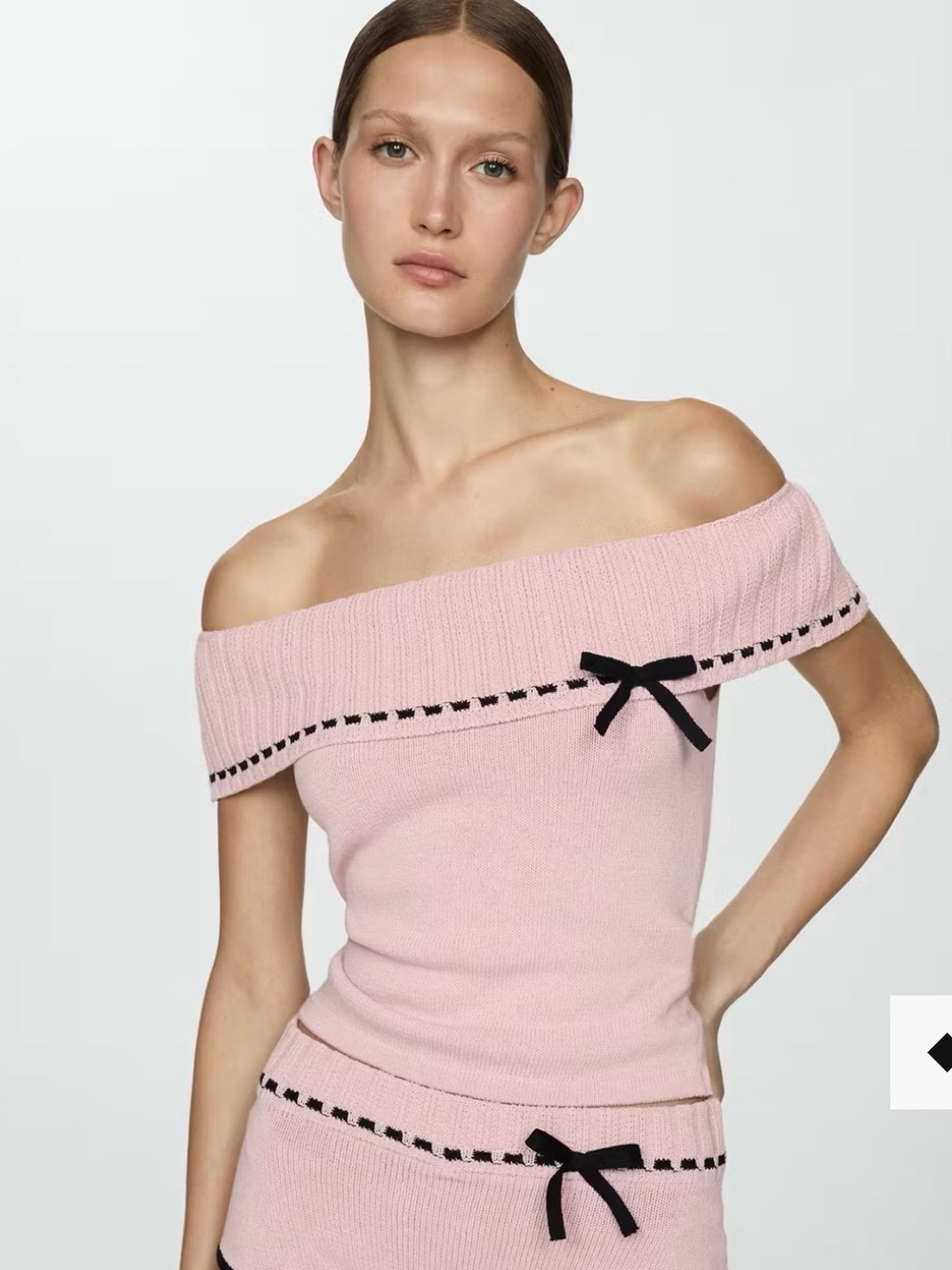 Mango Pink Off-the-Shoulder Knit Sweater with Black Bow Accents